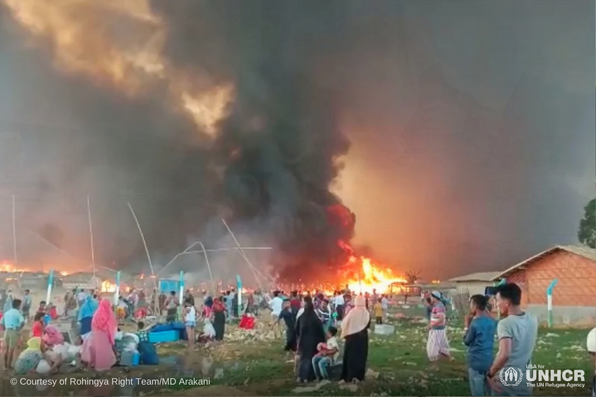 A fire is seen at a Balukhali refugee camp in Cox’s Bazar, Bangladesh March 22, 2021