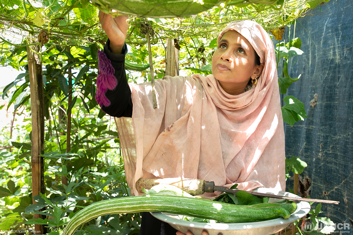 sahera looking at vegetables in her garden