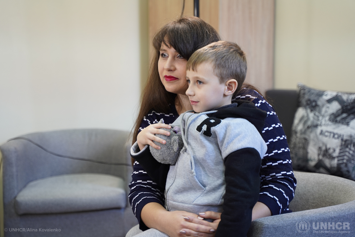 Ukrainian mother Olena and her son