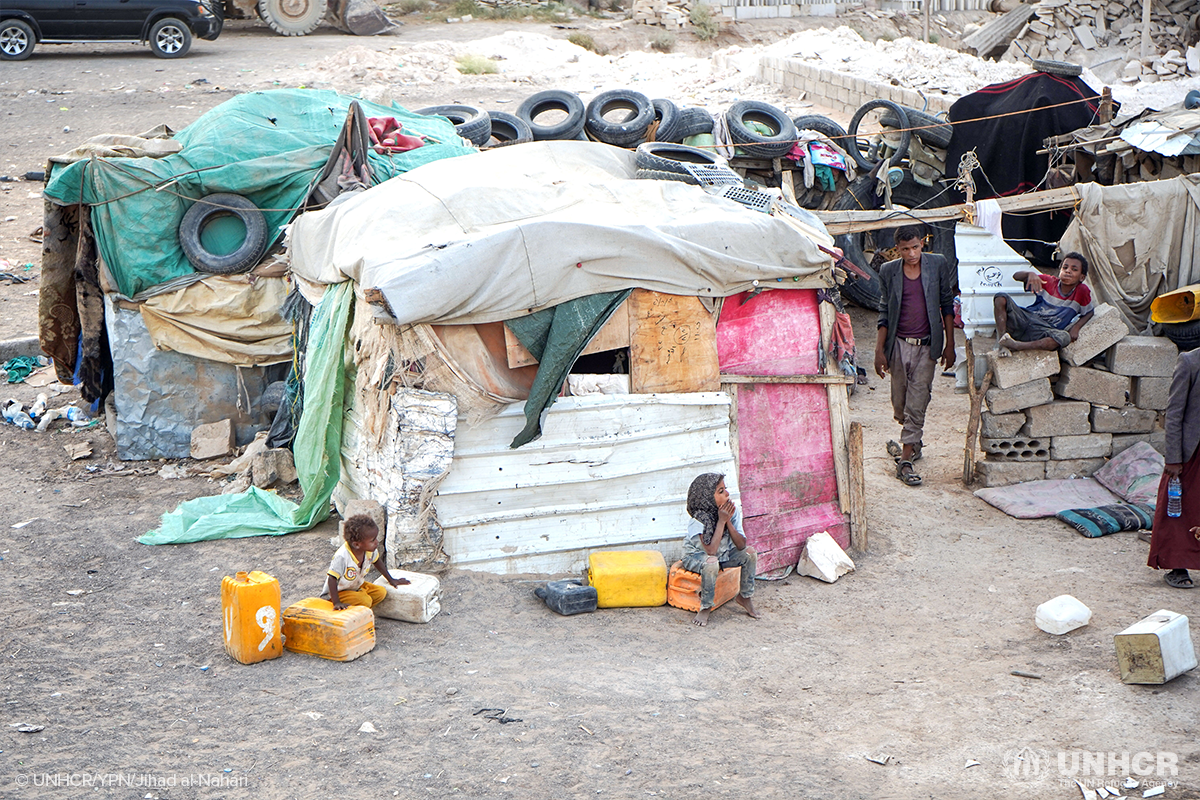 One of the makeshift shelters for internally displacement people in Al-Rawdah camp in Marib city