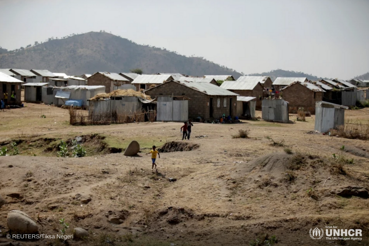 Eritrean refugee children play in Ethiopia’s Hitsats refugee camp in the Tigray region in 2017