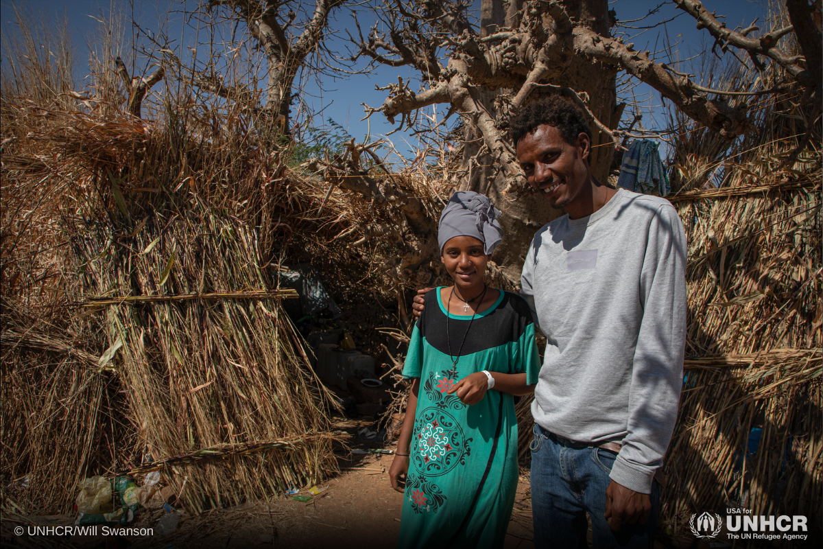 Ethiopian refugees, Fusuh and Hellenstand outside their shelter at Um Rakuba camp in Al Qadarif state, Sudan.