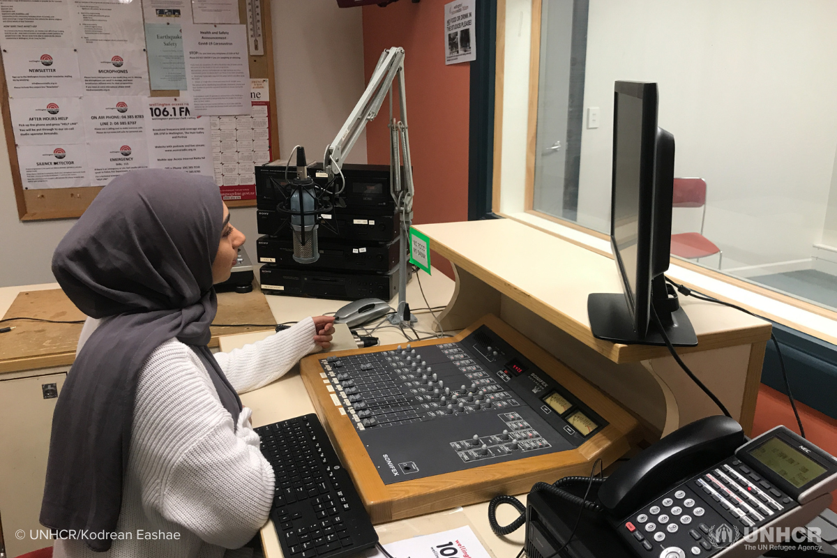 Twenty-year-old former Iraqi refugee, Narjis Al-Zaidi at her university radio station