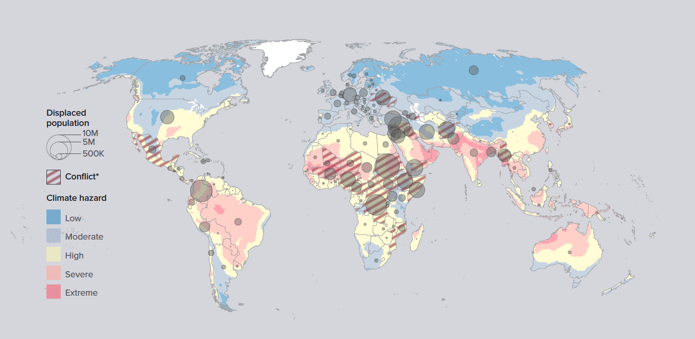 map of the world comparing areas of conflict with climate hazard levels